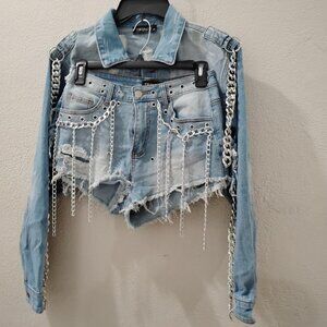 TRENDS -S- Crop Top Ripped Jean Jacket & short set